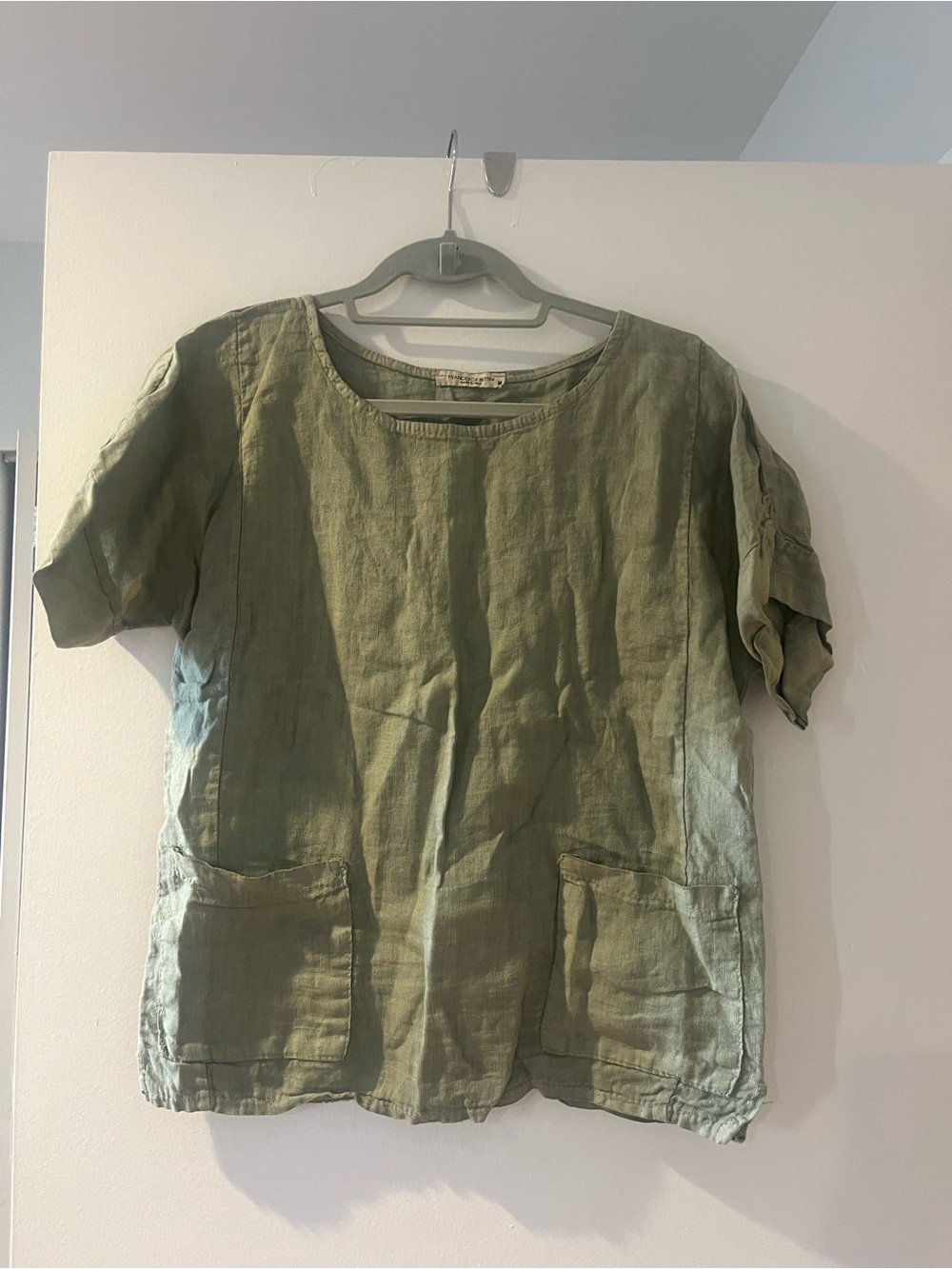 Olive Green Linen Short Sleeve Pocket Top - Women